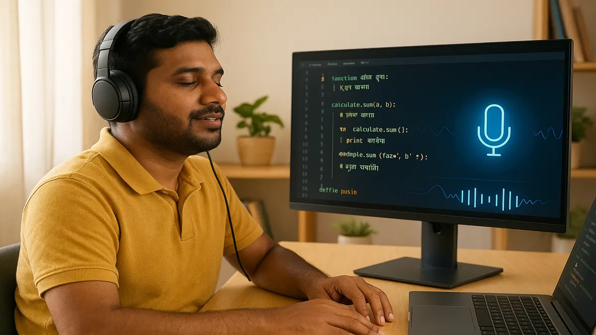 A visually impaired programmer wearing headphones uses a voice-controlled code editor on a computer screen displaying large code text and local language script in a bright, modern workspace.