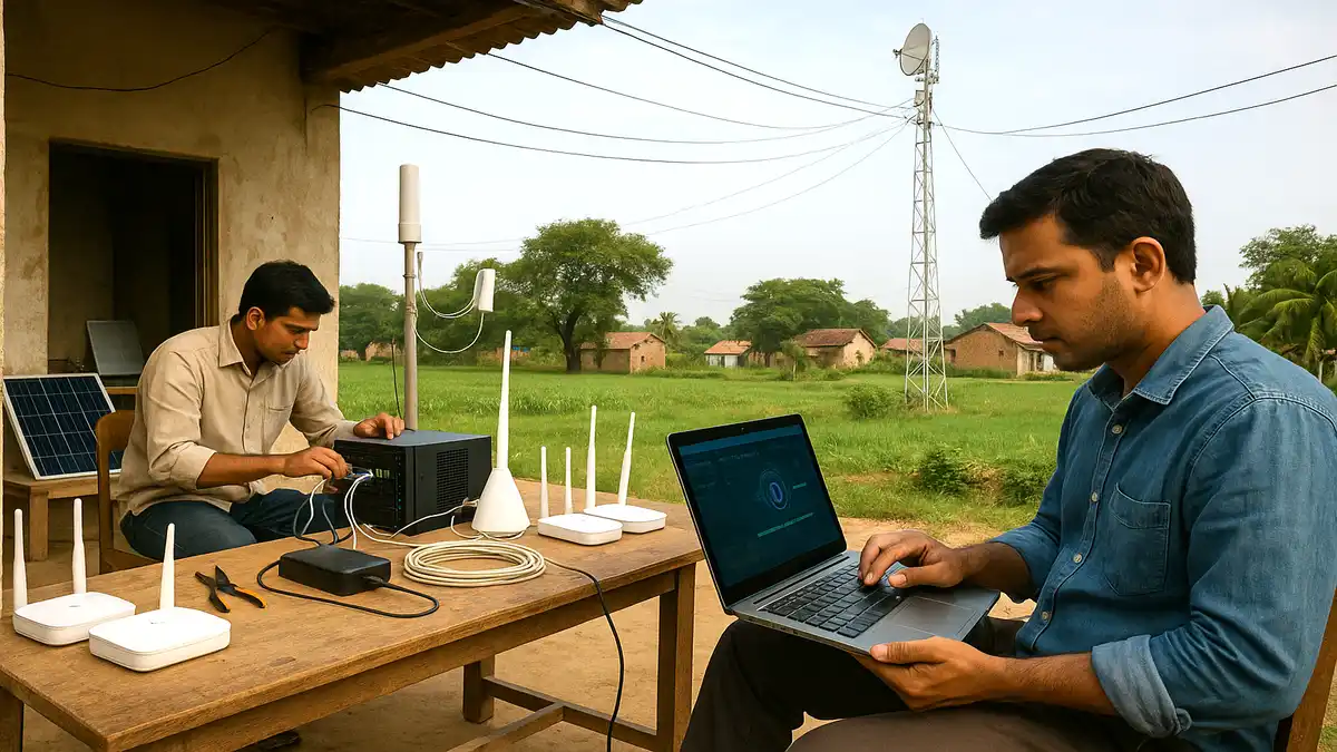 Technicians in a rural village set up a small ISP network, configuring Wi-Fi routers and checking signal strength while a wireless antenna tower broadcasts internet across green fields.