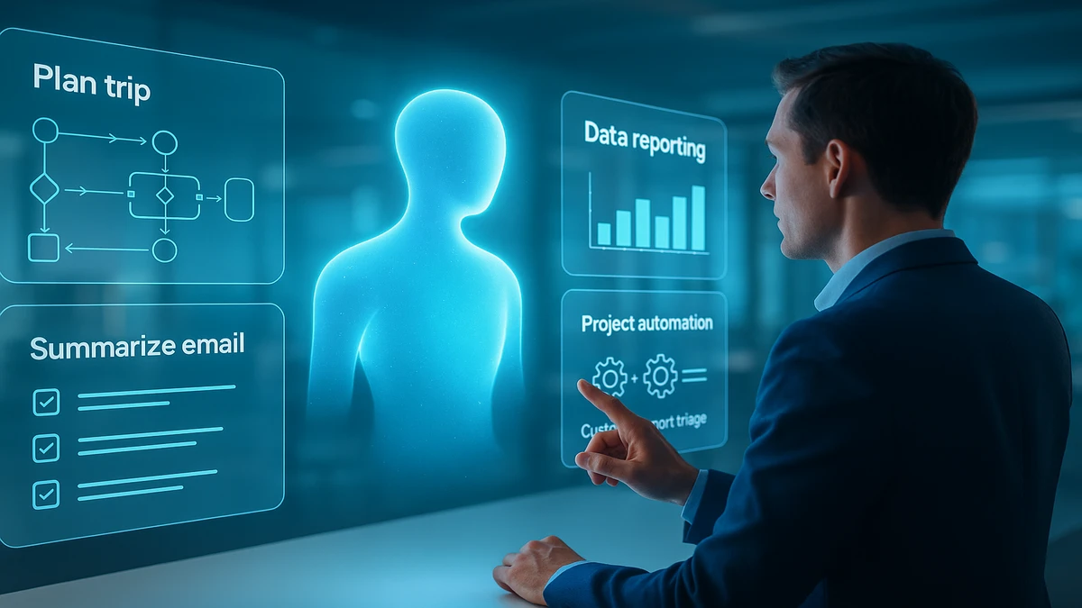A professional interacting with a glowing AI agent hologram, with workflow and task automation screens displayed.