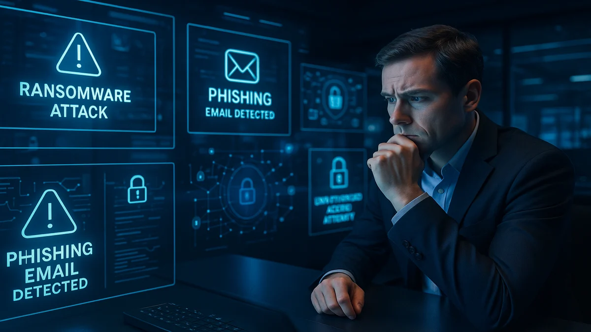 Business professional monitoring holographic cybersecurity threat dashboards in a modern operations room, 2025.