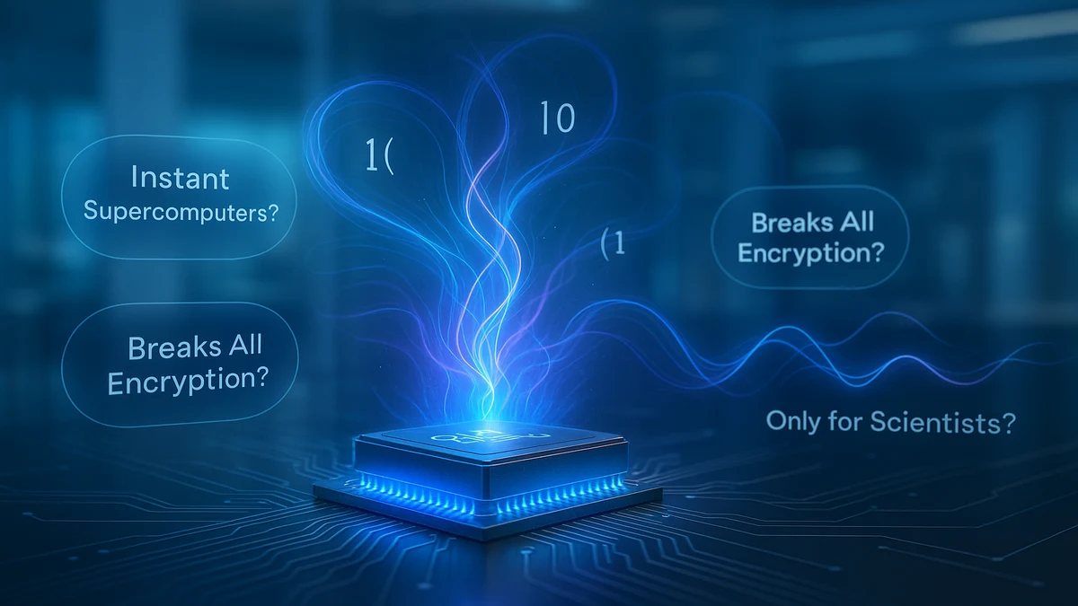 A glowing quantum processor chip with swirling neon qubit energy patterns and subtle myth labels, illustrating common quantum computing misconceptions in 2025.